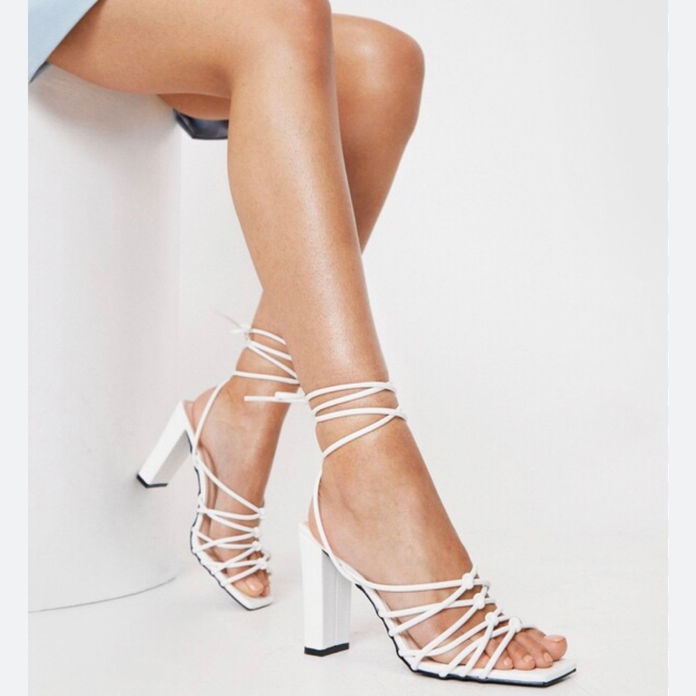 Nasty Gal faux leather knitted tie heeled sandals white size 38/7